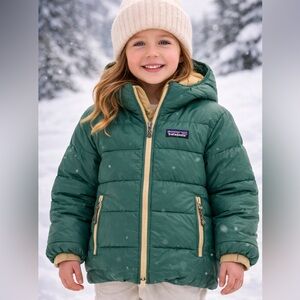 Patagonia Kids Hooded Down Puffer Jacket Green & Beige | Size 3T Winter Coat